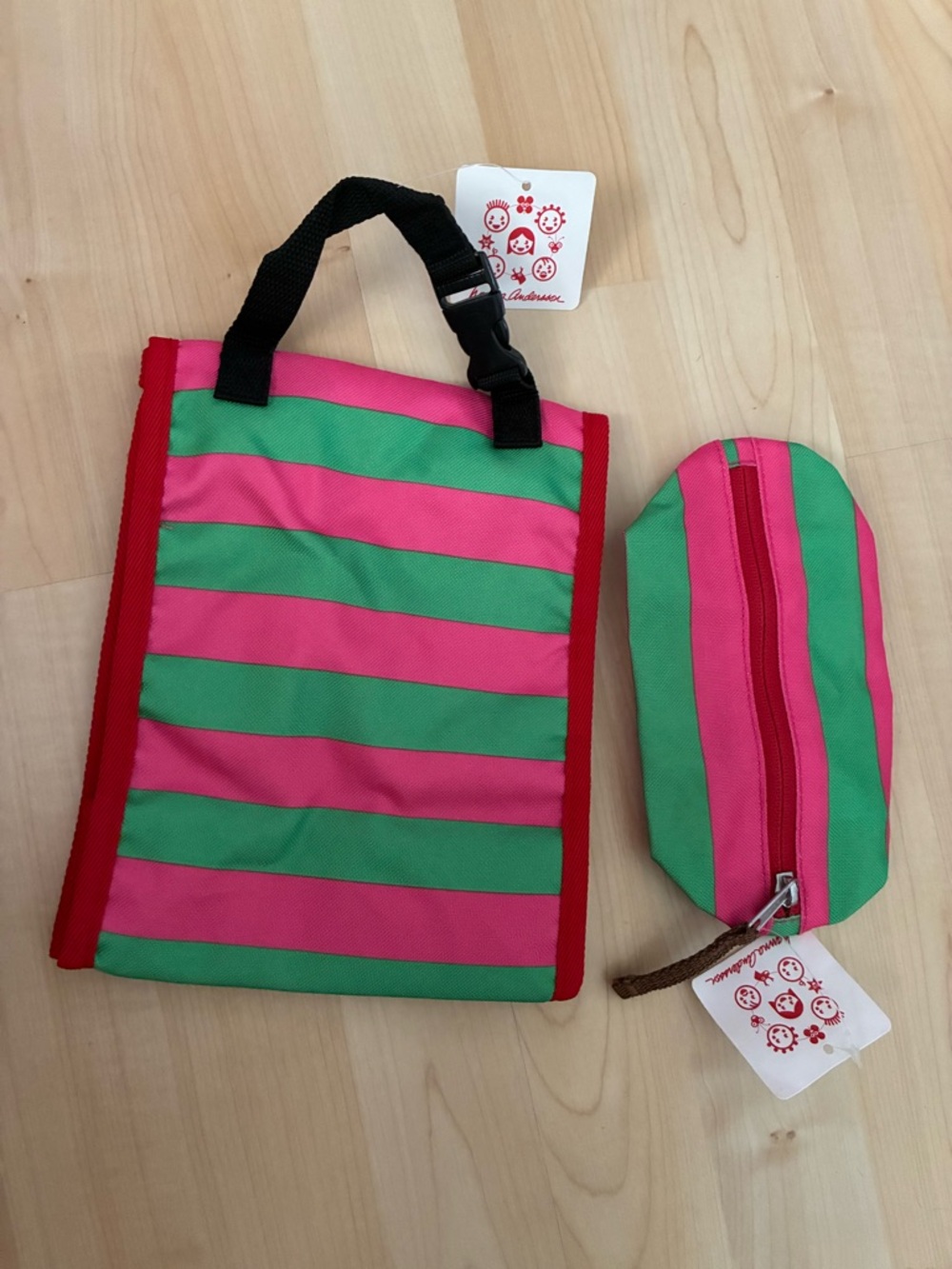 Hanna Andersson Pink & Green Striped Kids Lunch Bag and Pencil Case